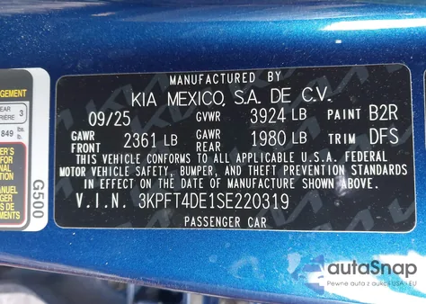 2025 Kia K4 Lxs из США, поврежденный, VIN 3KPFT4DE1SE220319